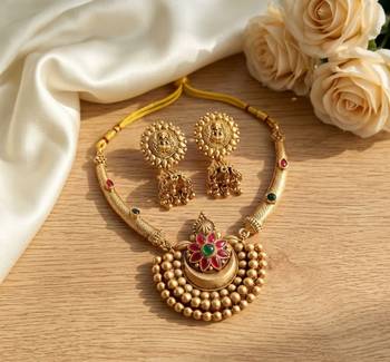 Antique gold plated temple jewelry set - traditional indian necklace with jhumka earrings for bridal wedding & festival 2