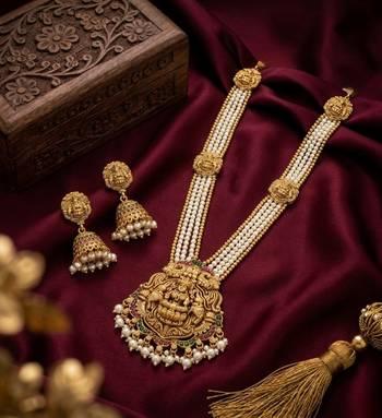 Gold plated south indian temple jewelry set - pearl mala long haram necklace with jhumka earrings for wedding 1