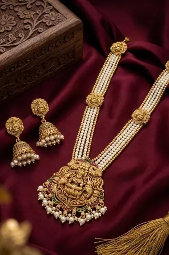Gold plated south indian temple jewelry set - pearl mala long haram necklace with jhumka earrings for wedding