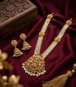 Gold plated south indian temple jewelry set - pearl mala long haram necklace with jhumka earrings for wedding