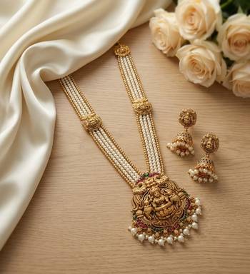 Gold plated south indian temple jewelry set - pearl mala long haram necklace with jhumka earrings for wedding 2