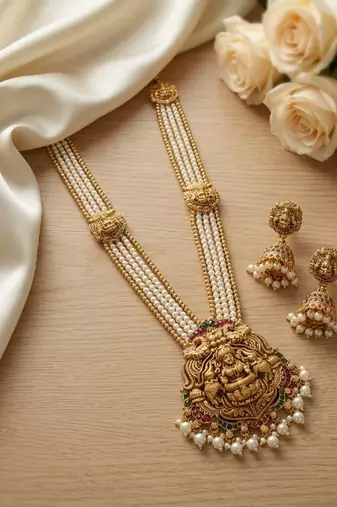 Gold plated south indian temple jewelry set - pearl mala long haram necklace with jhumka earrings for wedding