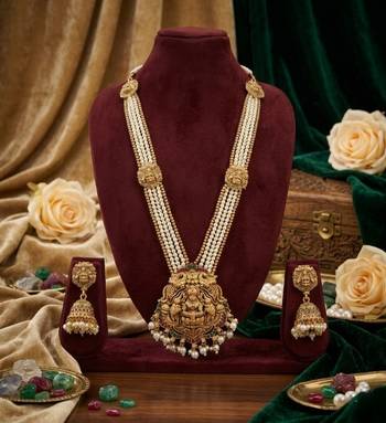Gold plated south indian temple jewelry set - pearl mala long haram necklace with jhumka earrings for wedding 3
