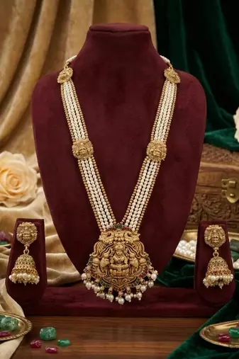 Gold plated south indian temple jewelry set - pearl mala long haram necklace with jhumka earrings for wedding