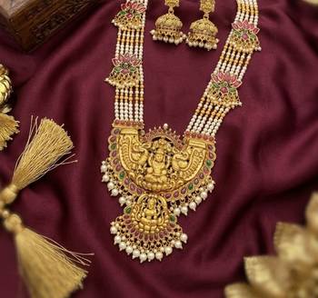 Gold temple jewelry set with long haram necklace & jhumka earrings | south indian bridal wedding jewelry 1
