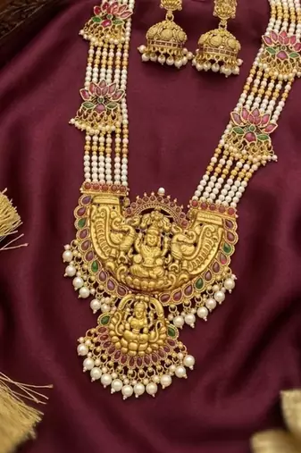 Gold temple jewelry set with long haram necklace & jhumka earrings | south indian bridal wedding jewelry
