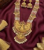 Gold temple jewelry set with long haram necklace & jhumka earrings | south indian bridal wedding jewelry
