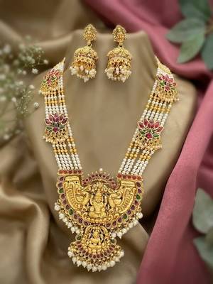 Gold temple jewelry set with long haram necklace & jhumka earrings | south indian bridal wedding jewelry 2