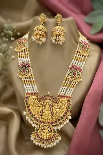 Gold temple jewelry set with long haram necklace & jhumka earrings | south indian bridal wedding jewelry