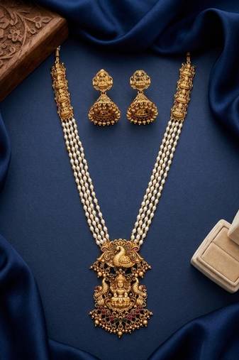 Gold plated south indian temple jewelry set - long pearl haram necklace with jhumka earrings for wedding