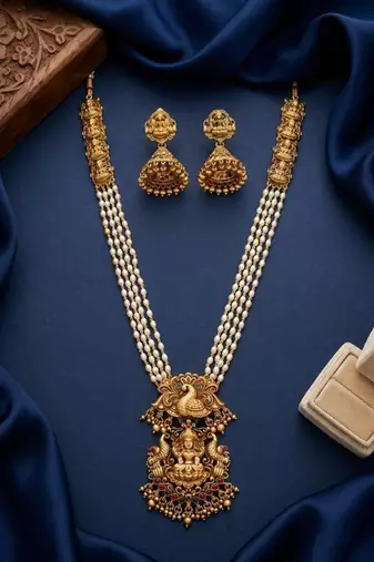 Gold plated south indian temple jewelry set - long pearl haram necklace with jhumka earrings for wedding