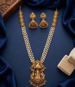 Gold plated south indian temple jewelry set - long pearl haram necklace with jhumka earrings for wedding