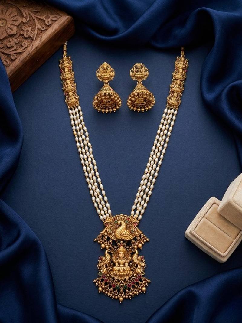 Gold plated south indian temple jewelry set - long pearl haram necklace with jhumka earrings for wedding