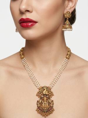 Gold plated south indian temple jewelry set - long pearl haram necklace with jhumka earrings for wedding 2