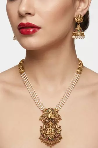 Gold plated south indian temple jewelry set - long pearl haram necklace with jhumka earrings for wedding