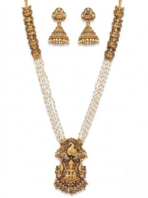 Gold plated south indian temple jewelry set - long pearl haram necklace with jhumka earrings for wedding 3