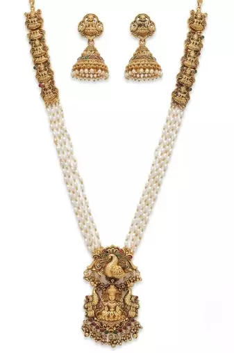 Gold plated south indian temple jewelry set - long pearl haram necklace with jhumka earrings for wedding