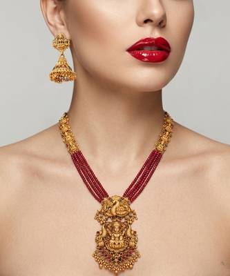 Gold plated south indian temple jewelry set - long pearl haram necklace with jhumka earrings for wedding 1