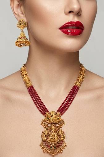 Gold plated south indian temple jewelry set - long pearl haram necklace with jhumka earrings for wedding