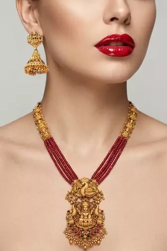 Gold plated south indian temple jewelry set - long pearl haram necklace with jhumka earrings for wedding
