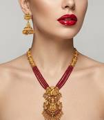 Gold plated south indian temple jewelry set - long pearl haram necklace with jhumka earrings for wedding
