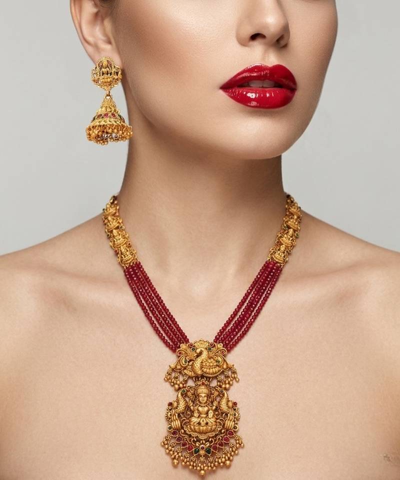 Gold plated south indian temple jewelry set - long pearl haram necklace with jhumka earrings for wedding