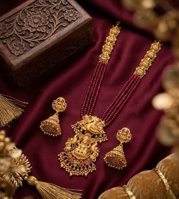 Gold plated south indian temple jewelry set - long pearl haram necklace with jhumka earrings for wedding 2