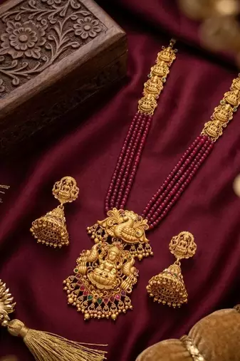 Gold plated south indian temple jewelry set - long pearl haram necklace with jhumka earrings for wedding
