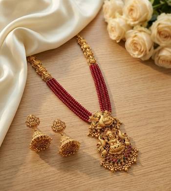 Gold plated south indian temple jewelry set - long pearl haram necklace with jhumka earrings for wedding 3