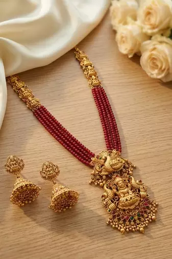 Gold plated south indian temple jewelry set - long pearl haram necklace with jhumka earrings for wedding