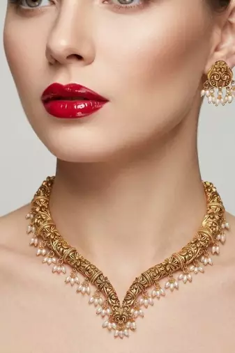 Handcrafted traditional gold-plated choker necklace set with pearl drops - ethnic jewelry for weddings