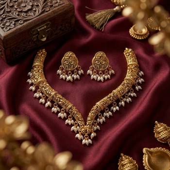 Handcrafted traditional gold-plated choker necklace set with pearl drops - ethnic jewelry for weddings 2