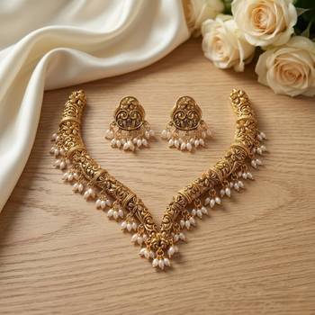 Handcrafted traditional gold-plated choker necklace set with pearl drops - ethnic jewelry for weddings 3