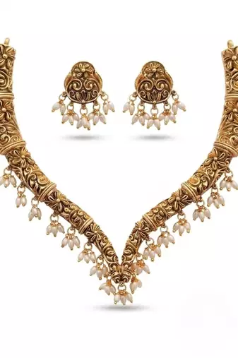 Handcrafted traditional gold-plated choker necklace set with pearl drops - ethnic jewelry for weddings