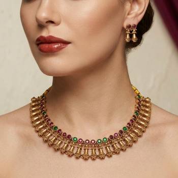 Antique gold plated temple indian jewelry set | traditional ruby green choker necklace & earrings for wedding festival 1