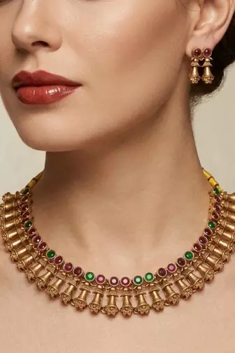 Antique gold plated temple indian jewelry set | traditional ruby green choker necklace & earrings for wedding festival