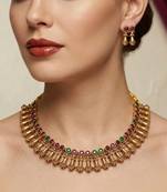 Antique gold plated temple indian jewelry set | traditional ruby green choker necklace & earrings for wedding festival