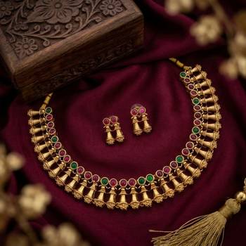 Antique gold plated temple indian jewelry set | traditional ruby green choker necklace & earrings for wedding festival 2