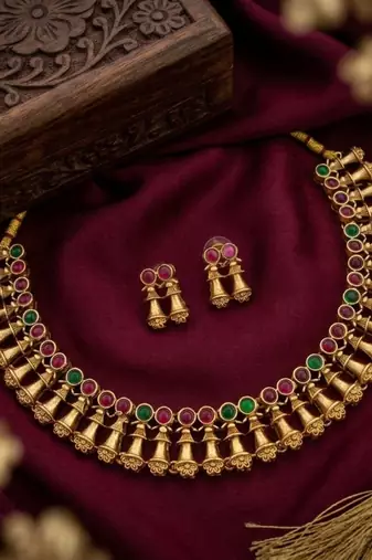 Antique gold plated temple indian jewelry set | traditional ruby green choker necklace & earrings for wedding festival