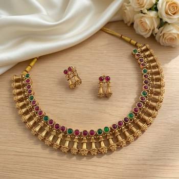 Antique gold plated temple indian jewelry set | traditional ruby green choker necklace & earrings for wedding festival 3