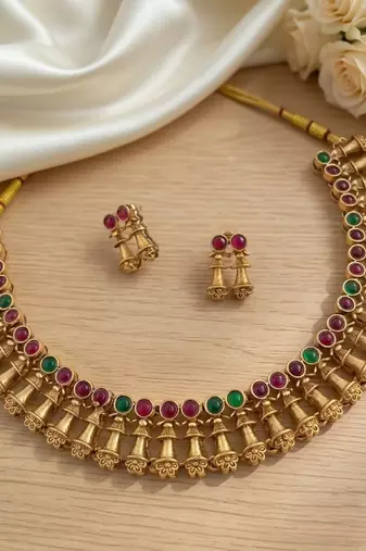 Antique gold plated temple indian jewelry set | traditional ruby green choker necklace & earrings for wedding festival