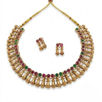 Antique gold plated temple indian jewelry set | traditional ruby green choker necklace & earrings for wedding festival 4