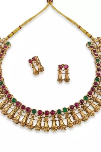 Antique gold plated temple indian jewelry set | traditional ruby green choker necklace & earrings for wedding festival