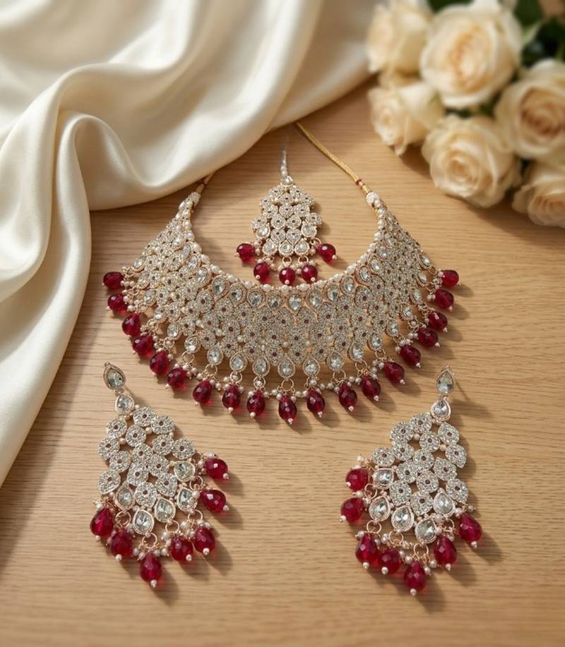 Kundan bridal choker jewelry set with  beads | indian wedding necklace, drop earrings & maang tikka
