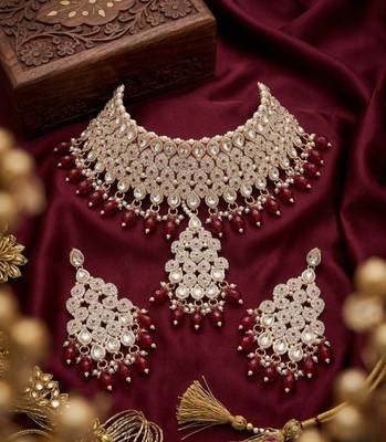Kundan bridal choker jewelry set with  beads | indian wedding necklace, drop earrings & maang tikka 3