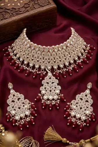 Kundan bridal choker jewelry set with  beads | indian wedding necklace, drop earrings & maang tikka