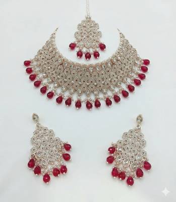 Kundan bridal choker jewelry set with  beads | indian wedding necklace, drop earrings & maang tikka 4