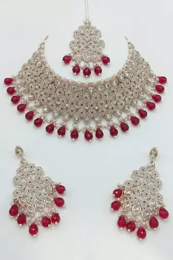 Kundan bridal choker jewelry set with  beads | indian wedding necklace, drop earrings & maang tikka