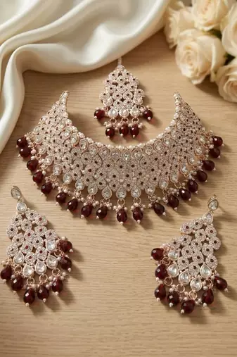 Kundan bridal choker jewelry set with  beads | indian wedding necklace, drop earrings & maang tikka