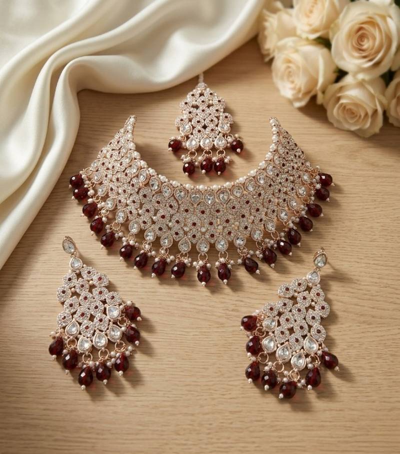 Kundan bridal choker jewelry set with  beads | indian wedding necklace, drop earrings & maang tikka